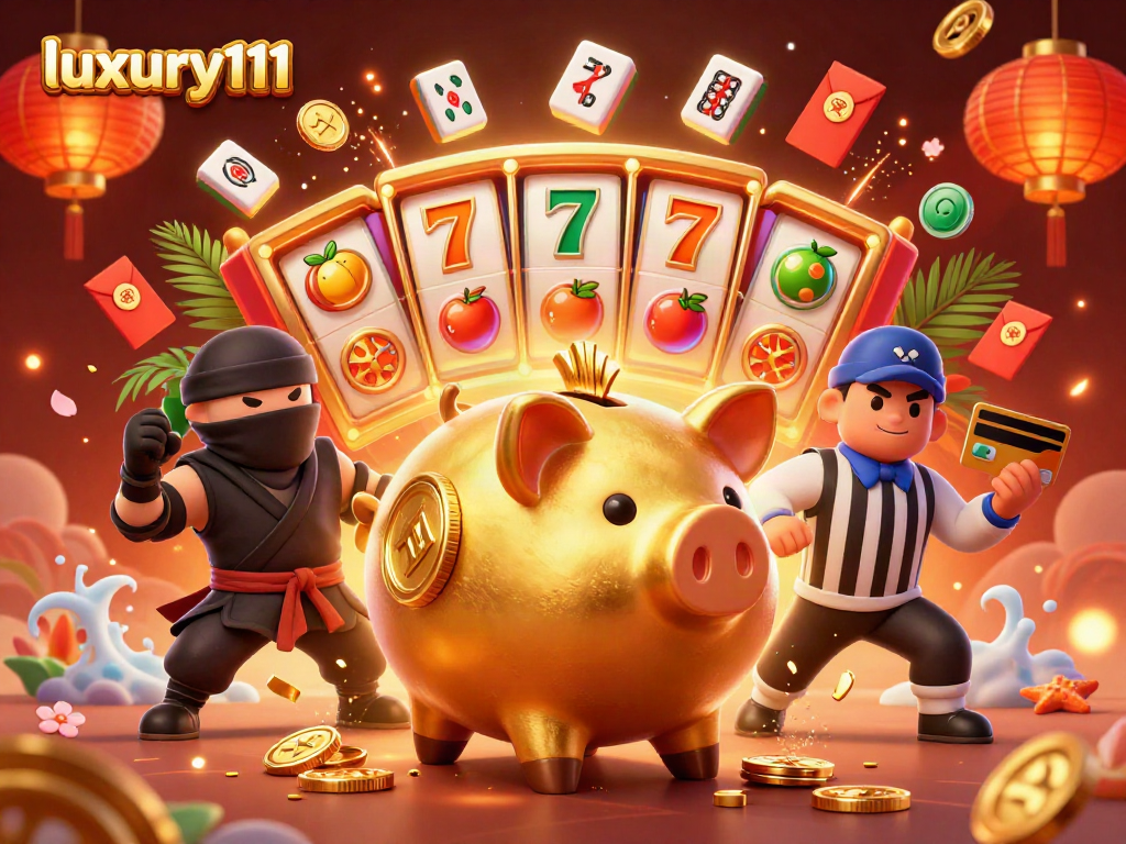 Immerse in luxury111 with a vibrant scene of a golden piggy bank sumo wrestler surrounded by exciting casino elements.