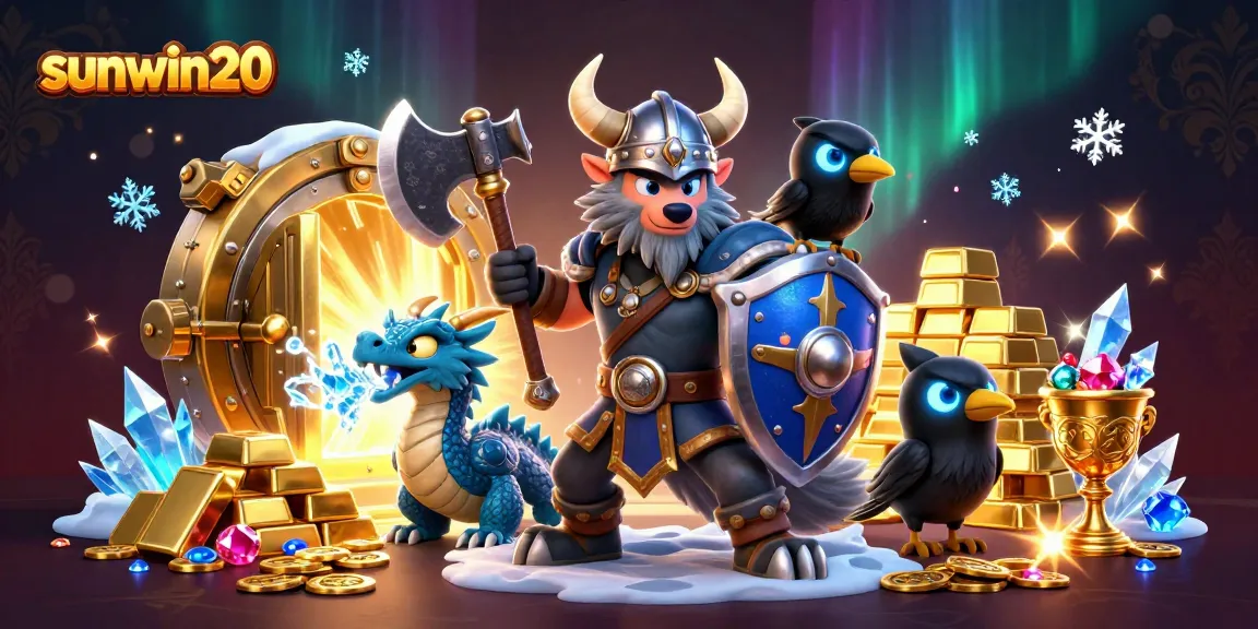Experience thrilling casino adventures with sunwin20 featuring a Viking warrior and magical creatures.