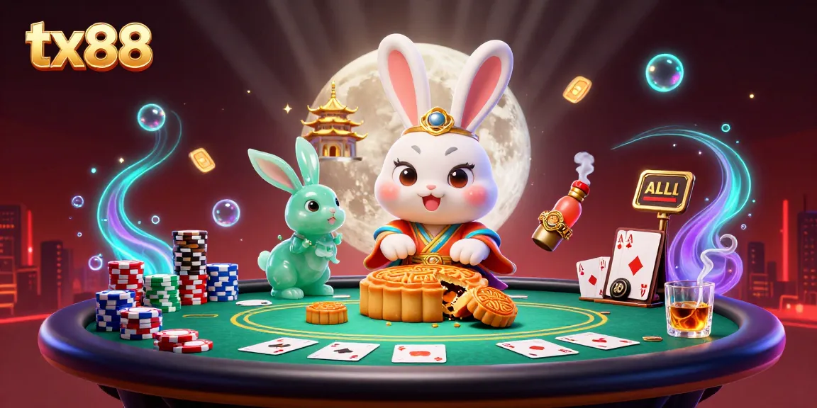 tx88 gaming scene with a moon rabbit and jade companion revealing poker chips, vibrant casino elements