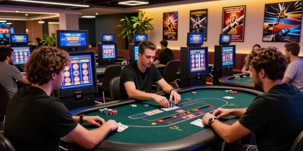 Exciting gaming atmosphere showcasing สล็อตเว็บตรง with players engaged in live casino games and vibrant slot displays.