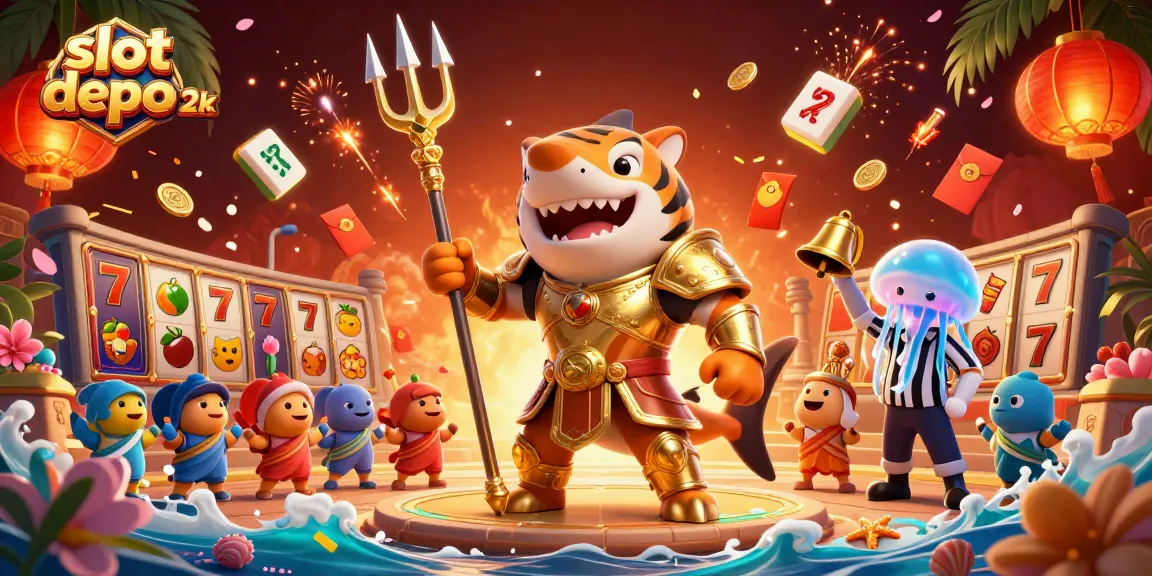 Slot depo 2k mengundang keberuntungan dengan simbol slot dan karakter menarik dalam aksi.