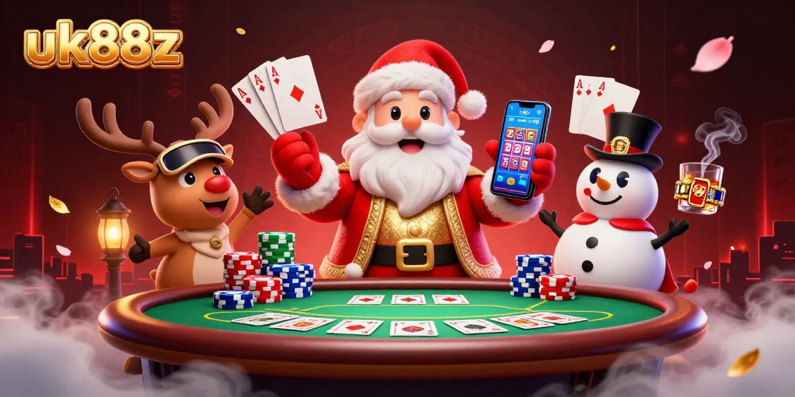 uk88z showcases a vibrant casino scene with Santa and friends celebrating jackpot slots.