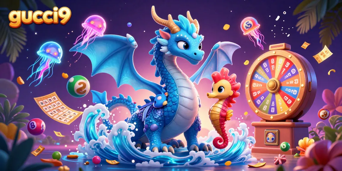 Spin to win at gucci9 with a vibrant sea-themed illustration of a dragon and seahorse.