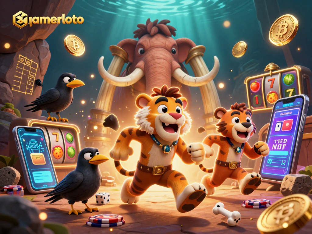 Experience gamerloto's thrilling prehistoric casino scene with digital crypto elements and vibrant interactions.
