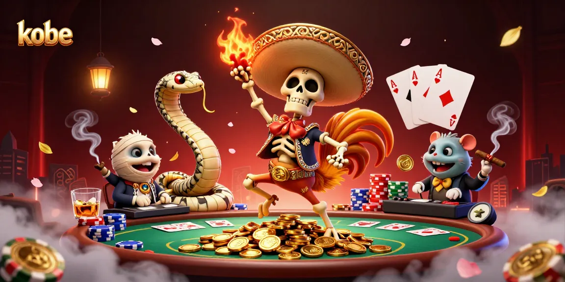 Kobe-themed illustration showing a mariachi rooster celebrating a poker win with colorful casino elements.