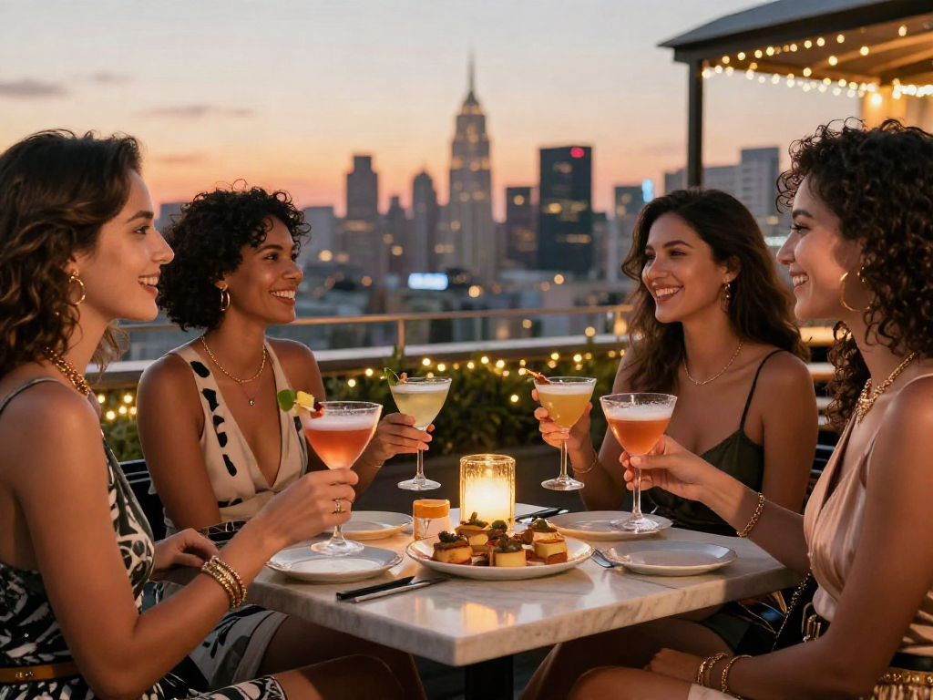 LUXURY111 momen malam yang mewah di rooftop bar dengan teman-teman menikmati koktail dan makanan gourmet.
