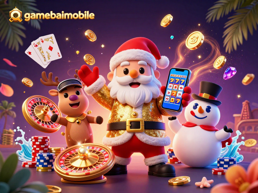 Experience winning with gamebaimobile featuring Santa and friends in a vibrant casino scene.