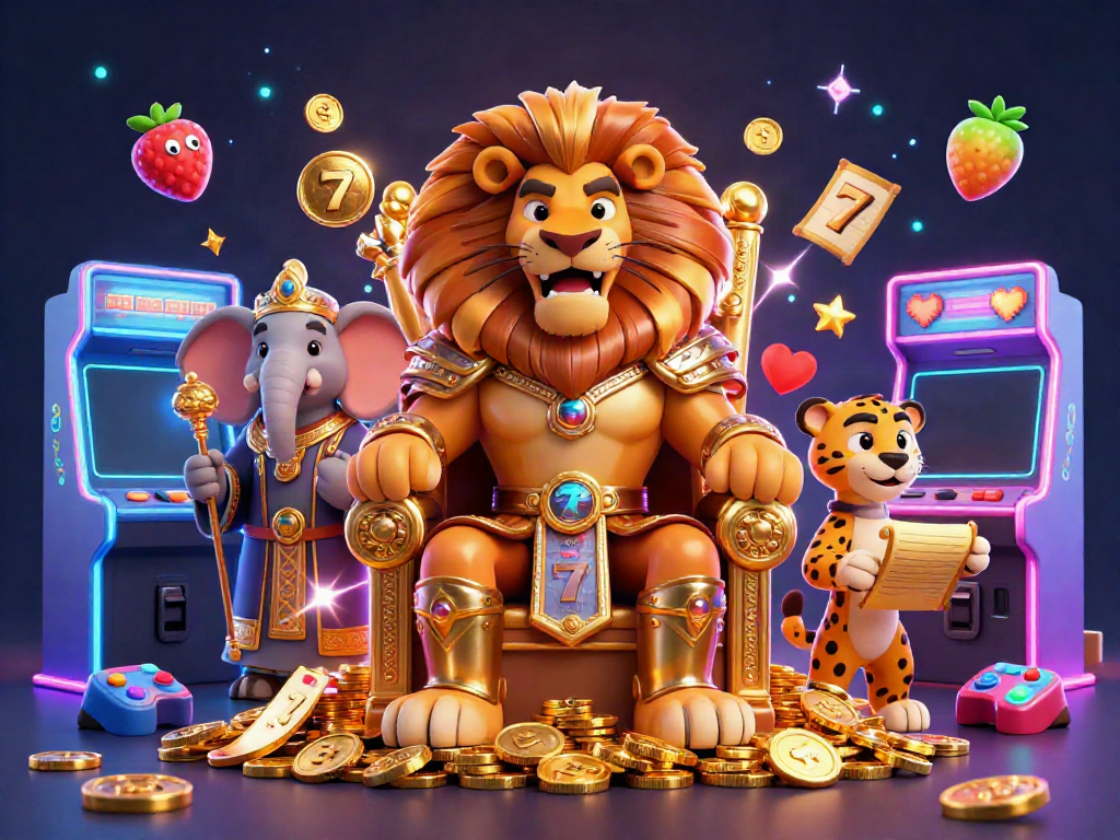 Penggambaran slot situs dengan raja singa dan simbol permainan slot yang bersinar untuk menarik pemain.