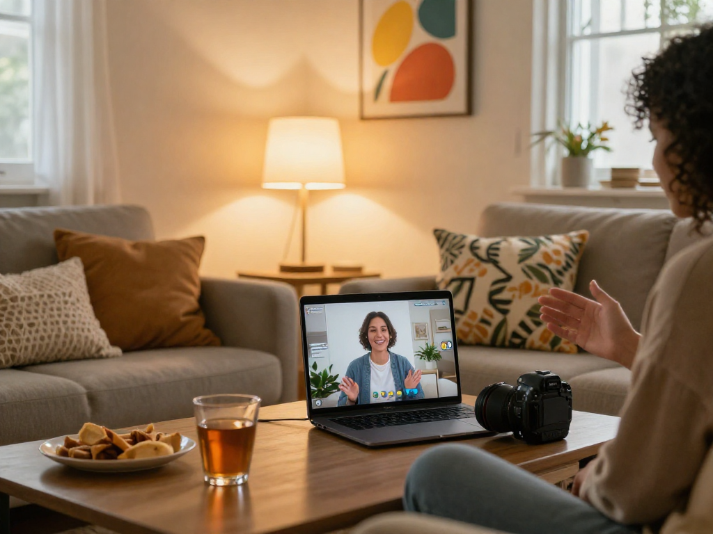 Engaging sex chat moment in cozy home setting, lively video chat with warm atmosphere.