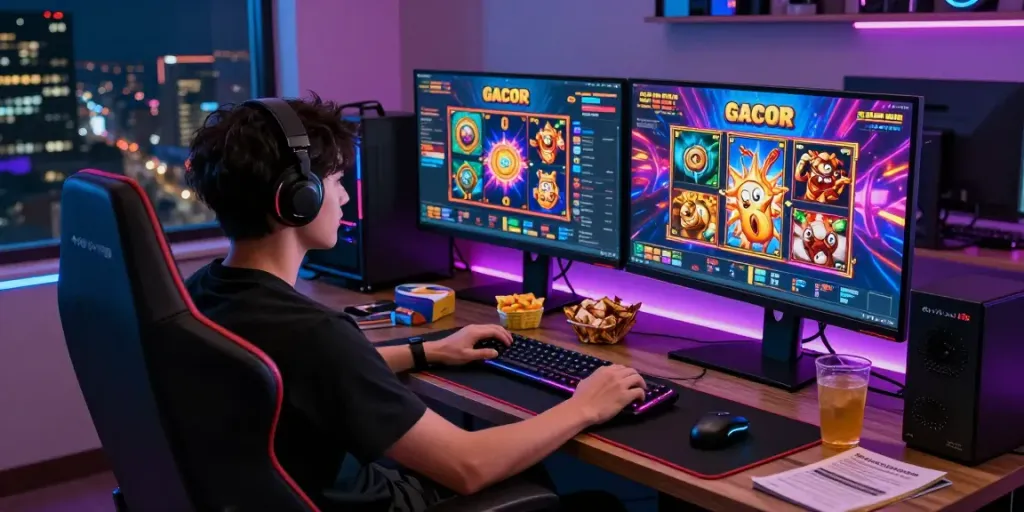 Exciting gamer enjoying slot online gacor games in a vibrant gaming setup.