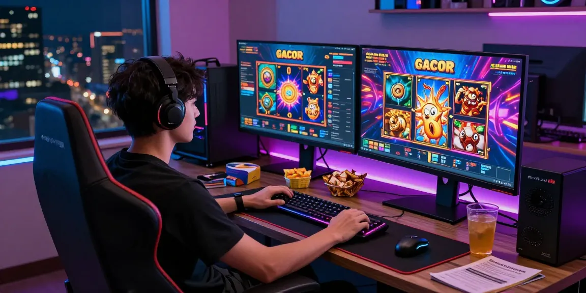 Exciting gamer enjoying slot online gacor games in a vibrant gaming setup.