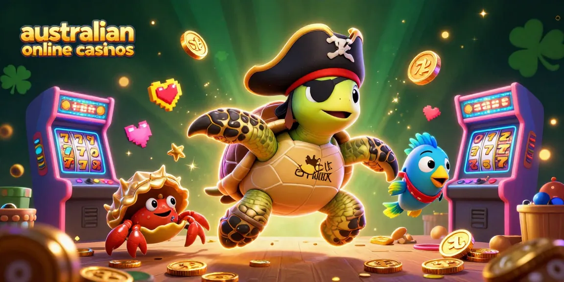 Experience vibrant australian online casinos with our 3D cartoon pirate scene amidst slot reels and sparkling treasures.