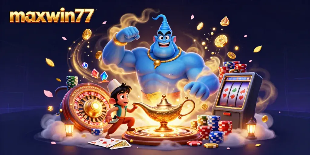 Experience maxwin77's magical gaming scene with a genie, gems, and vibrant casino elements.
