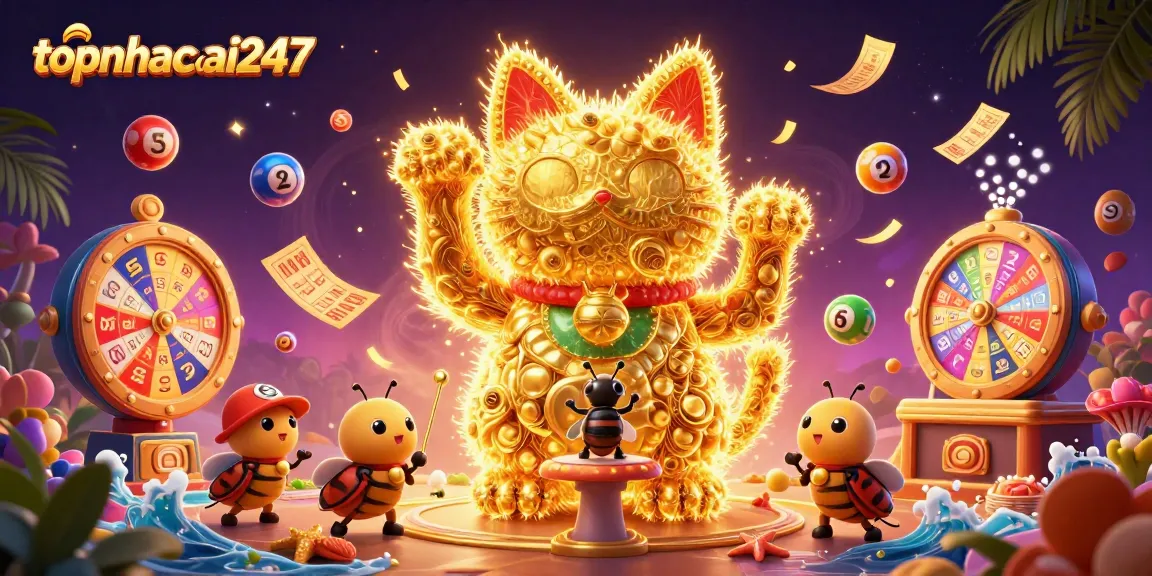 Experience the thrill of gambling with topnhacai247's vibrant, dynamic casino scene filled with lucky symbols and excited game elements.