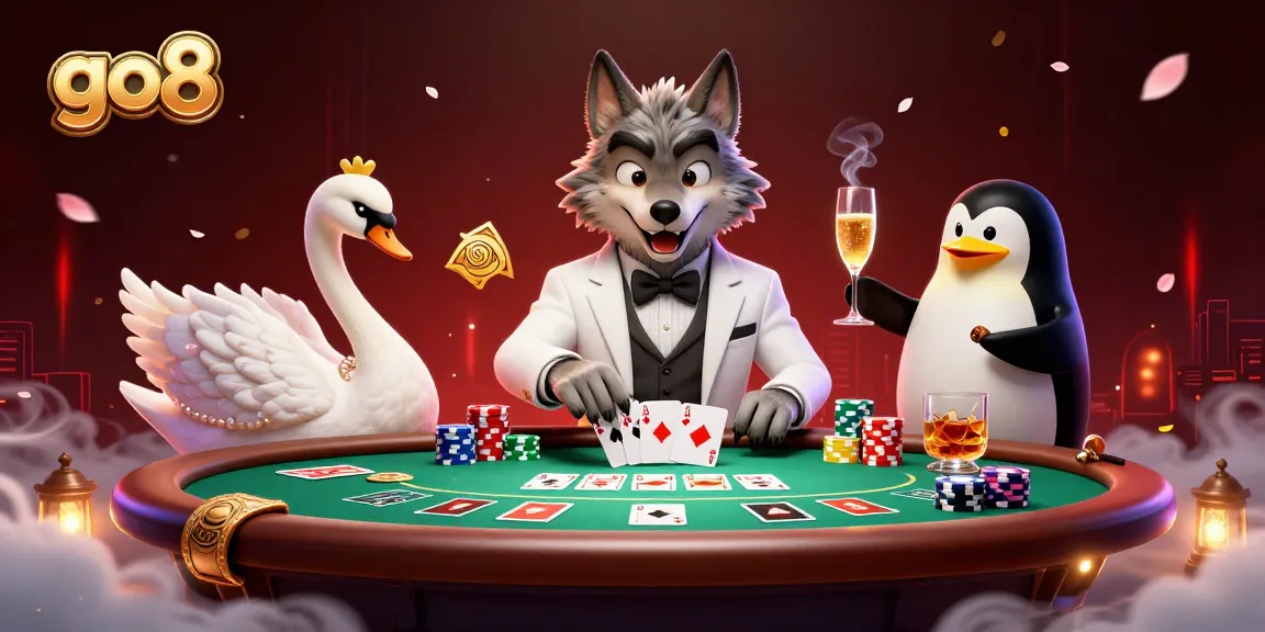 Join the lively go8 casino scene with a wolf, swan, and penguin engaging in a vibrant baccarat game.
