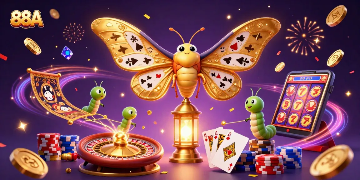 Engage with thrilling 88AA casino games featuring vivid illustrations of card suits and golden moths.