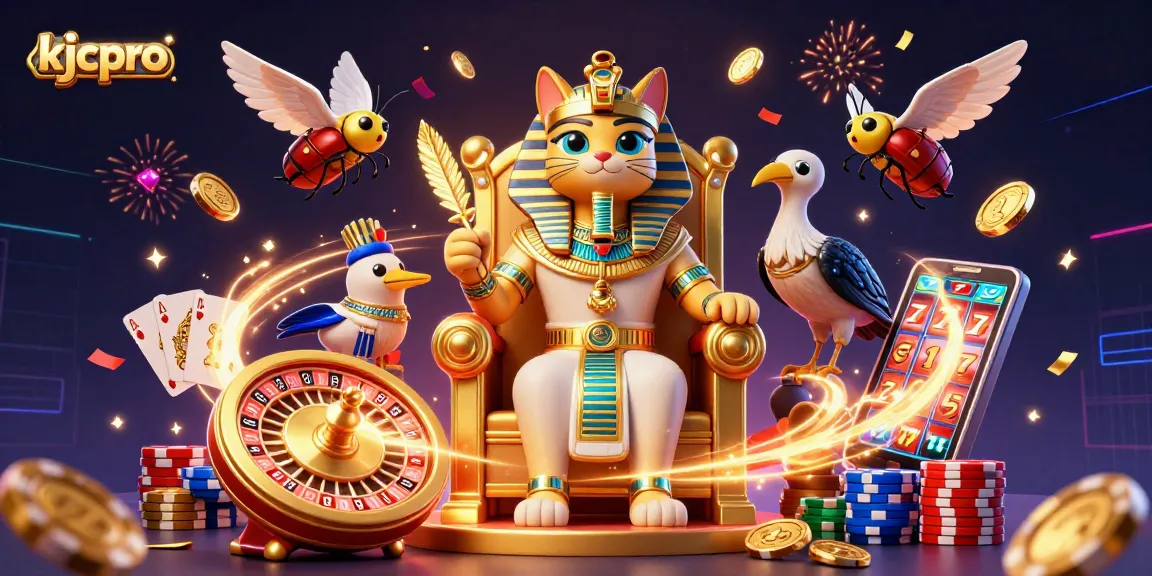 Experience thrilling wins at kjcpro with a vibrant 3D casino scene featuring a pharaoh cat, gold coins, and a roulette wheel.