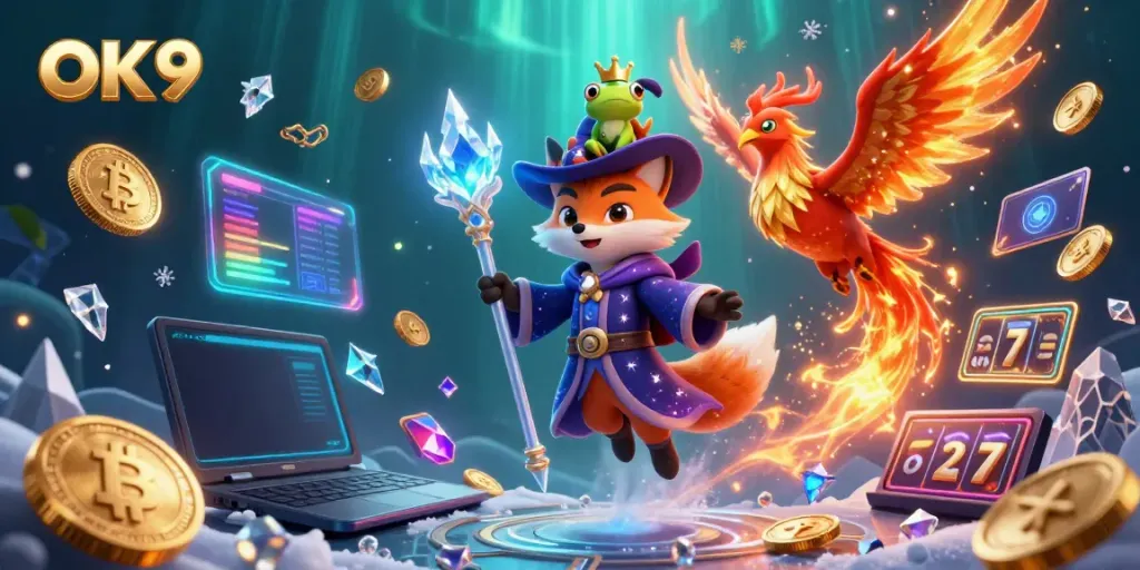 Experience engaging online gaming with OK9's vibrant 3D casino illustration showcasing excitement and adventure.
