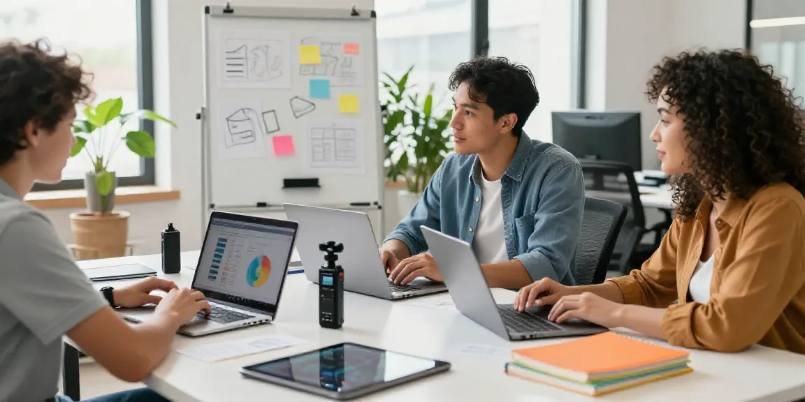 AI content creation team brainstorming in a collaborative office environment