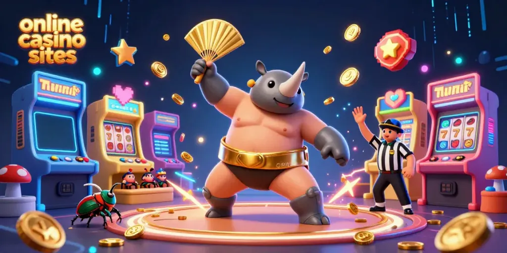 Experience vibrant online casino sites with a 3D sumo champion beetle amidst colorful gaming elements.