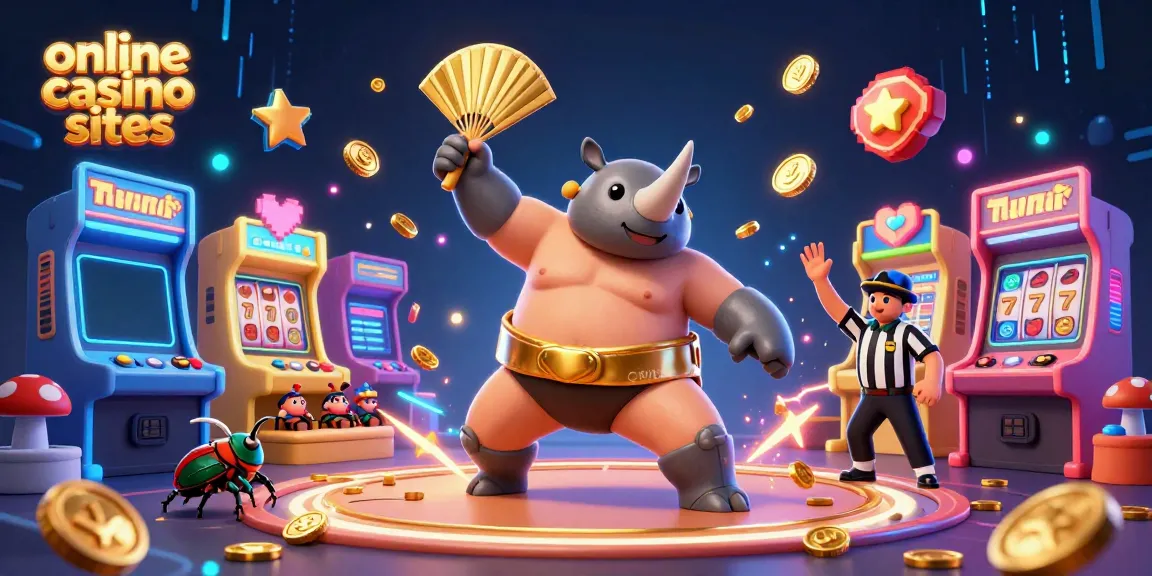Experience vibrant online casino sites with a 3D sumo champion beetle amidst colorful gaming elements.