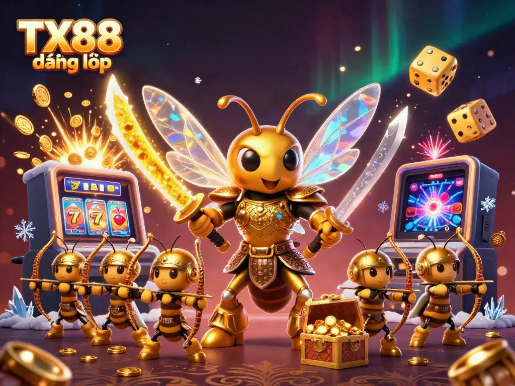 Experience the excitement of TX88 đăng nhập with a dazzling illustration featuring a golden hornet in samurai armor surrounded by casino elements.