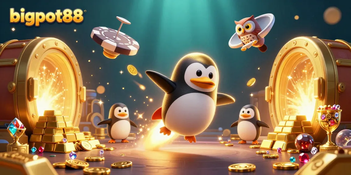 Bigpot88 encourages players with a golden penguin and poker chip launch in this 3D casino illustration.
