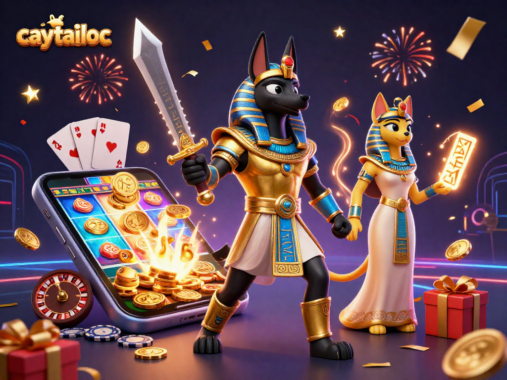 Experience the excitement of caytailoc slots with Anubis, Bastet, and vibrant game elements.