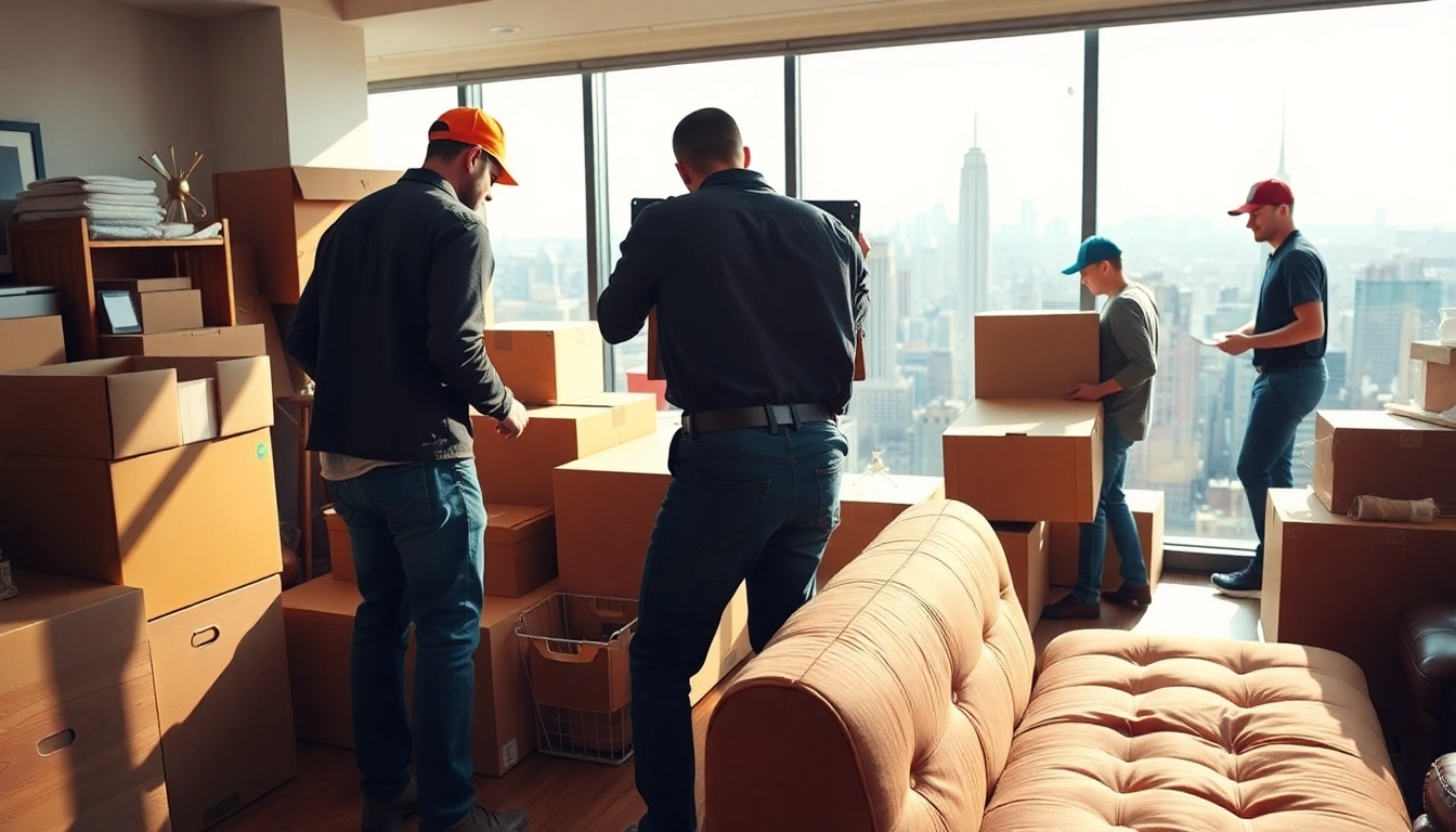 Best nyc movers team efficiently sorting boxes in a bright NYC apartment.