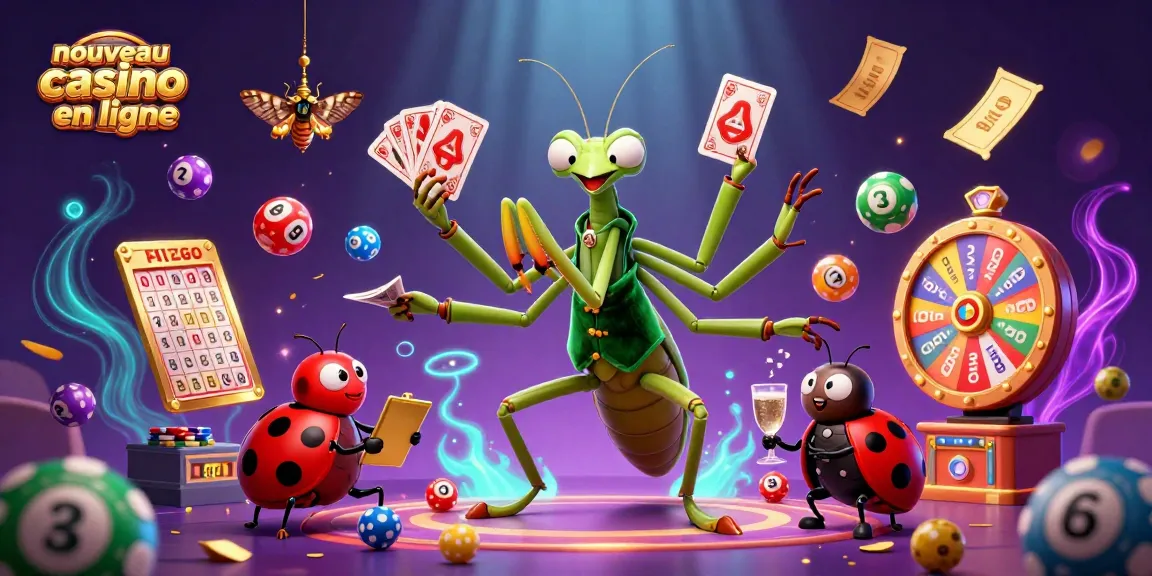 Un nouveau casino en ligne avec un mantis géant distribuant des cartes et un gérant coccinelle entourés d'éléments de jeu.
