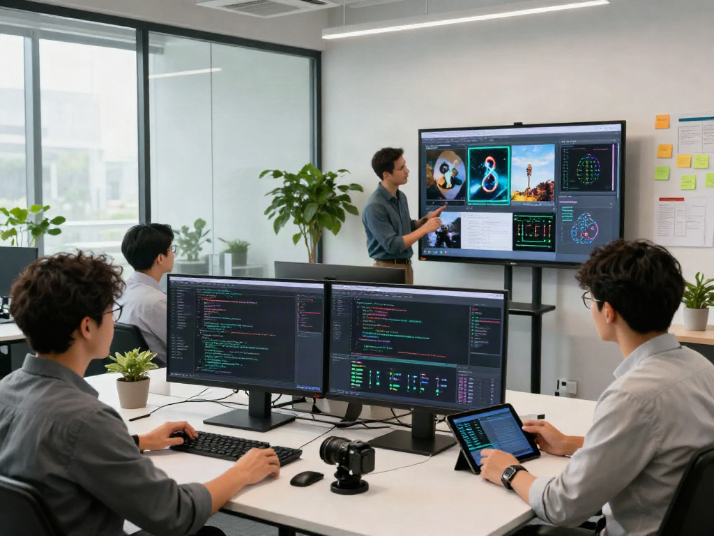 AI Detector team collaborating on innovative AI image detection technology in a modern workspace.