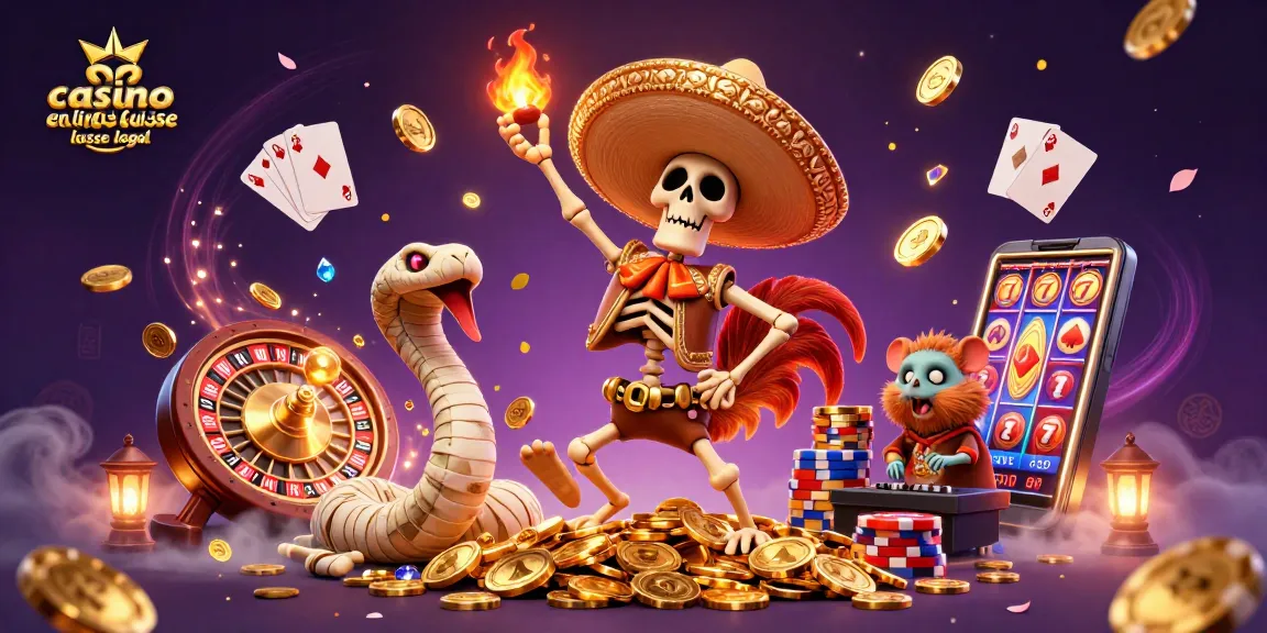 Illustration dynamique d'un casino, mettant en avant le casino en ligne suisse légal avec des personnages animés.