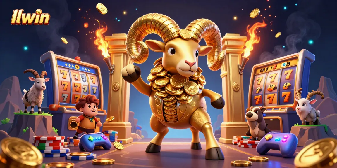 Experience vibrant gambling thrills with llwin, featuring a golden ram charging at a jackpot scene amidst colorful gaming elements.