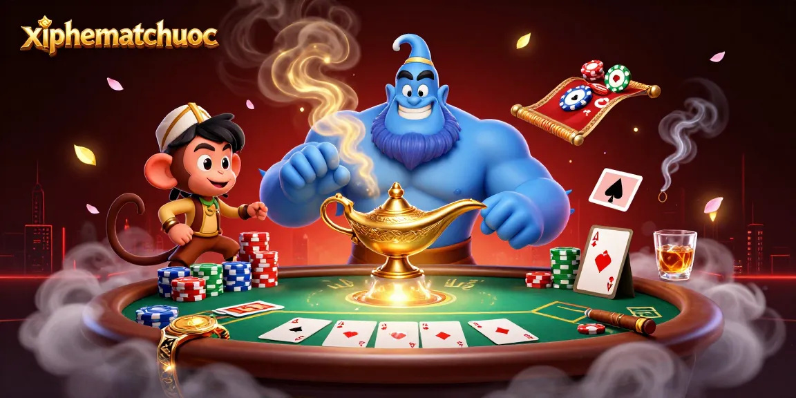 xiphematchuoc showcases a captivating poker scene featuring a blue genie, a monkey, and dynamic game elements for thrilling gameplay.