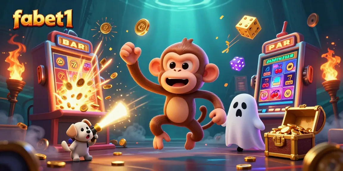 See fabet1's playful poltergeist monkey juggles luck in a haunted casino, surrounded by treasures.