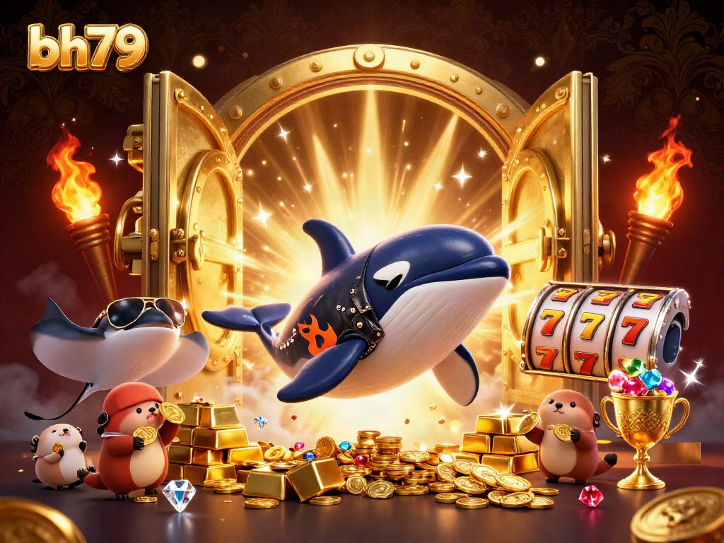bh79 showcases vibrant casino excitement with orca, stingray, and otters amid treasures and slot symbols.