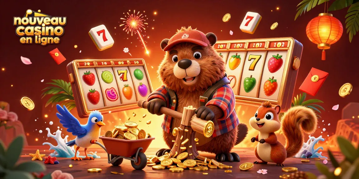 Illustration captivante d'un nouveau casino en ligne avec un castor et des éléments de jeu dynamiques.