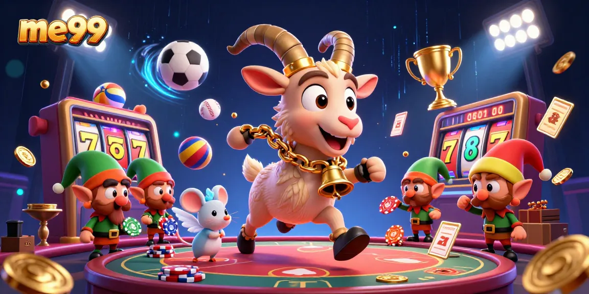 me99 casino features a festive Krampus goat among playful elements, showcasing a vibrant gambling scene.