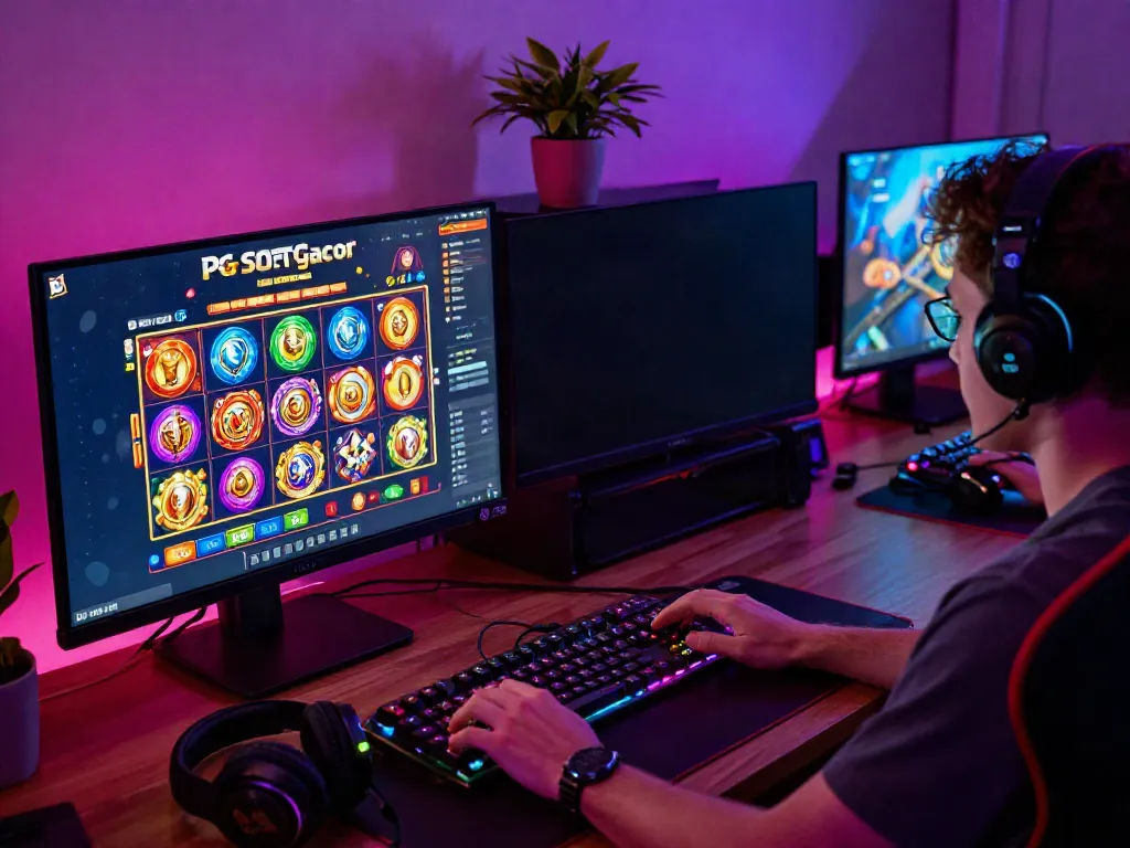 Engaged gamer playing PG SOFT slot gacor with vibrant graphics on a modern gaming setup.