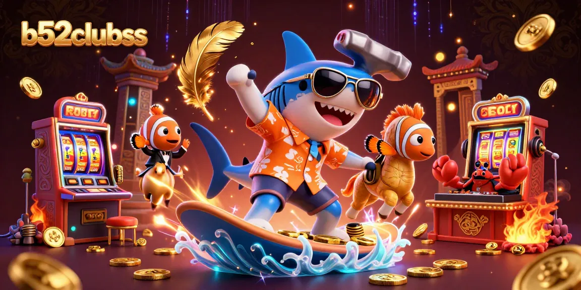 Bets at b52clubss soar as a surfing shark with a clownfish and crab celebrates exciting jackpot wins.