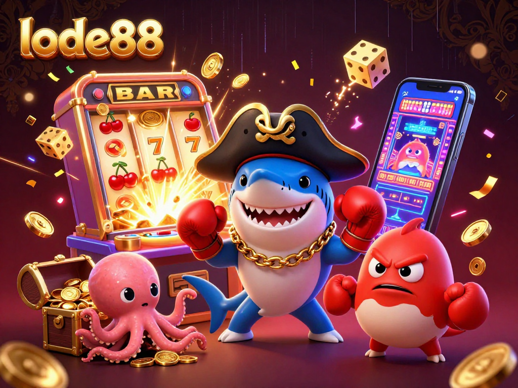 lode88 pirate shark and pufferfish celebrate a jackpot win with vibrant casino graphics