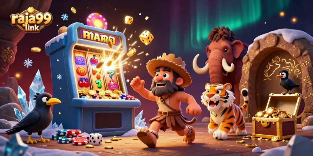 Play thrilling games at raja99 link with a vibrant prehistoric casino scene filled with action.