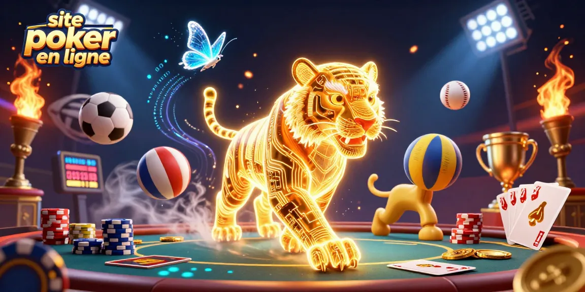 Un tigre doré en néon sur un site poker en ligne, entouré d'éléments de jeux dynamiques.