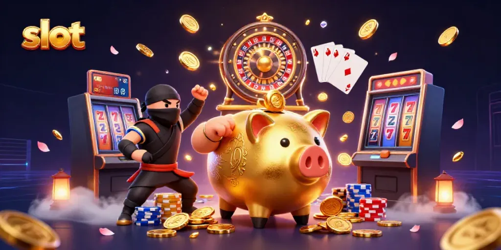 Slot mesin yang konyol dengan karakter unik, menampilkan taruhan dalam suasana kasino yang menyenangkan