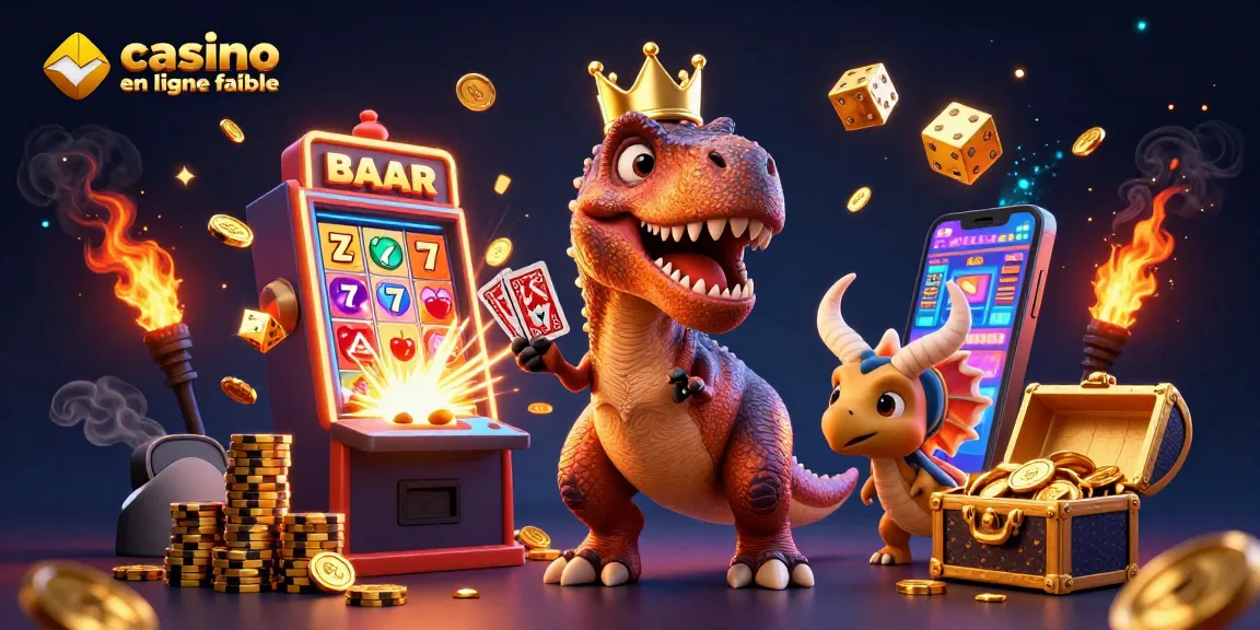 Jouez au casino en ligne fiable avec des personnages de dinosaure s'amusant aux jeux de cartes et aux machines à sous.