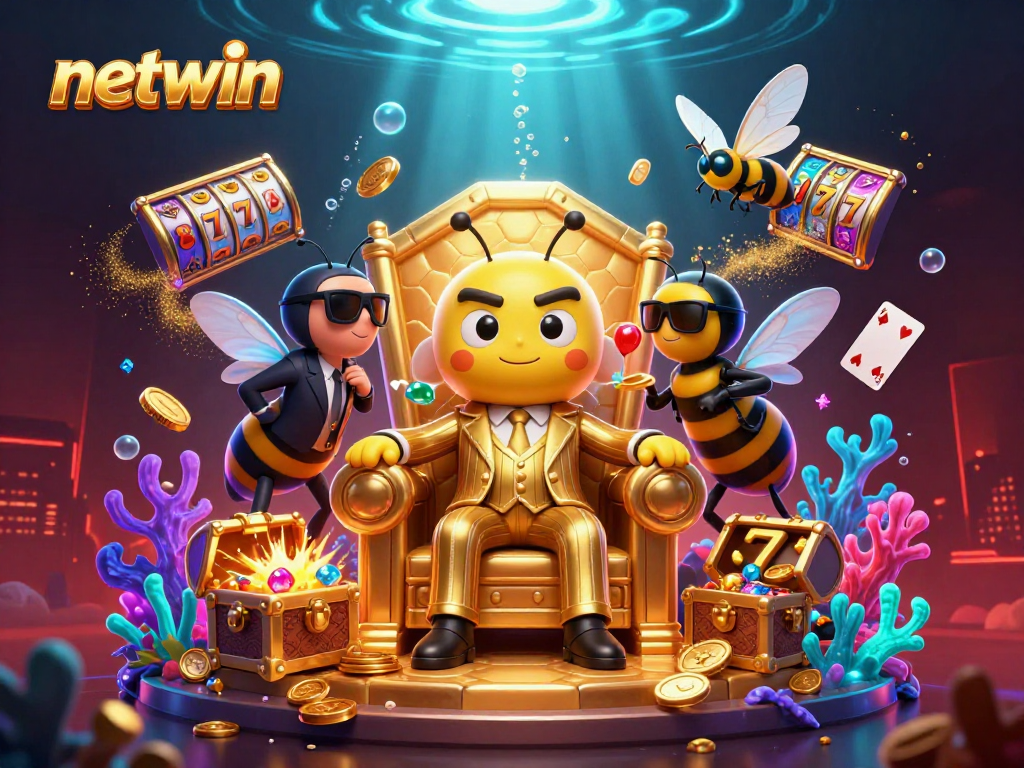 Netwin casino scene featuring a bumblebee mob boss with slot reels and treasure, creating a lively atmosphere.