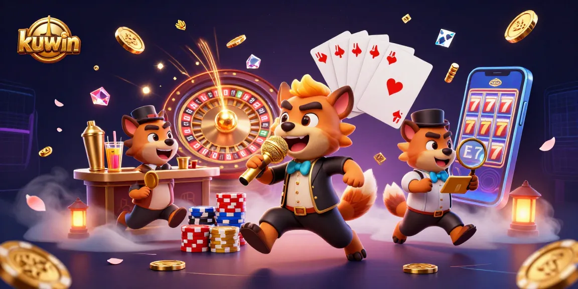 Kuwin brings excitement with a comedy casino scene featuring hyenas, chips, and gold coins.