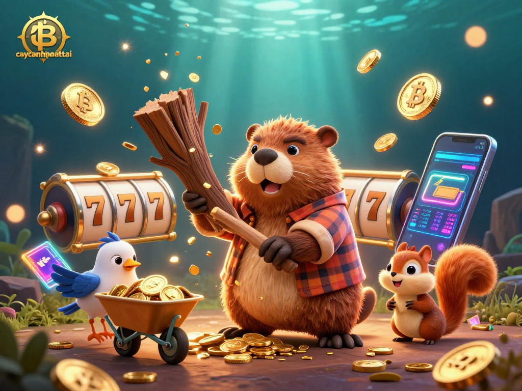 Win big with caycanhphattai as a beaver jackpots coins from a tree in a vibrant casino scene.