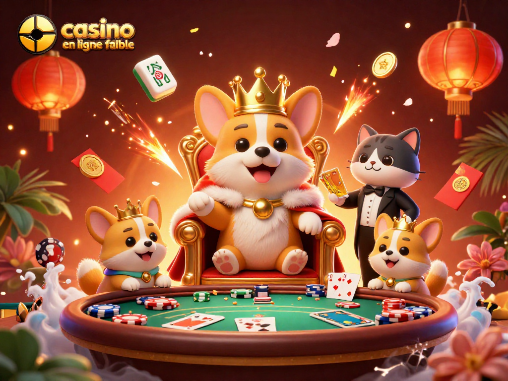 Explorez les incroyables jeux du casino en ligne fiable tout en découvrant des scènes captivantes de corgis jouant avec des cartes et des jetons.