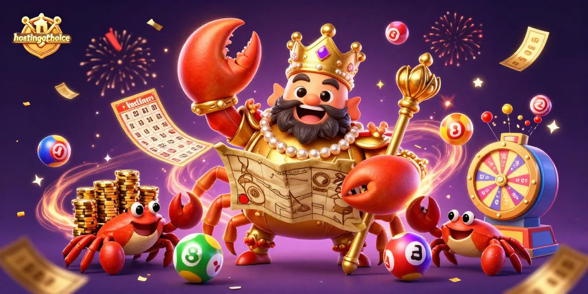 Engage in thrilling gaming action with hostingofchoice, featuring a golden crab emperor amidst lottery balls and prizes.